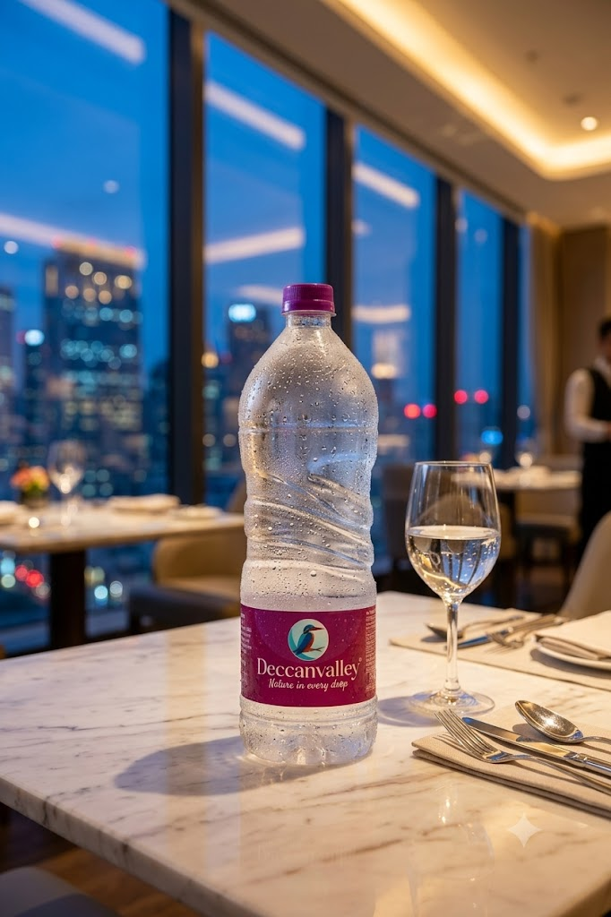 Deccanvalley 1 litre bottle on a marble table in a fine-dining restaurant at dusk